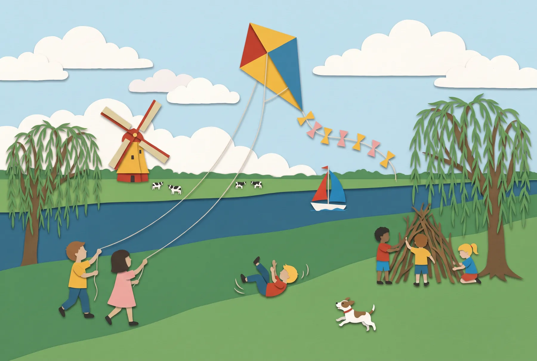 Kinderen spelen op een groene dijk langs de rivier: ze laten een grote vlieger op, bouwen een hut van takken en rollen van de helling. Achter de rivier staan een molen en koeien.