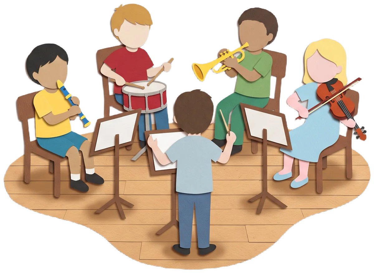 Kinderen repeteren met blokfluit, trommel, trompet en viool; een dirigent staat voor hen.