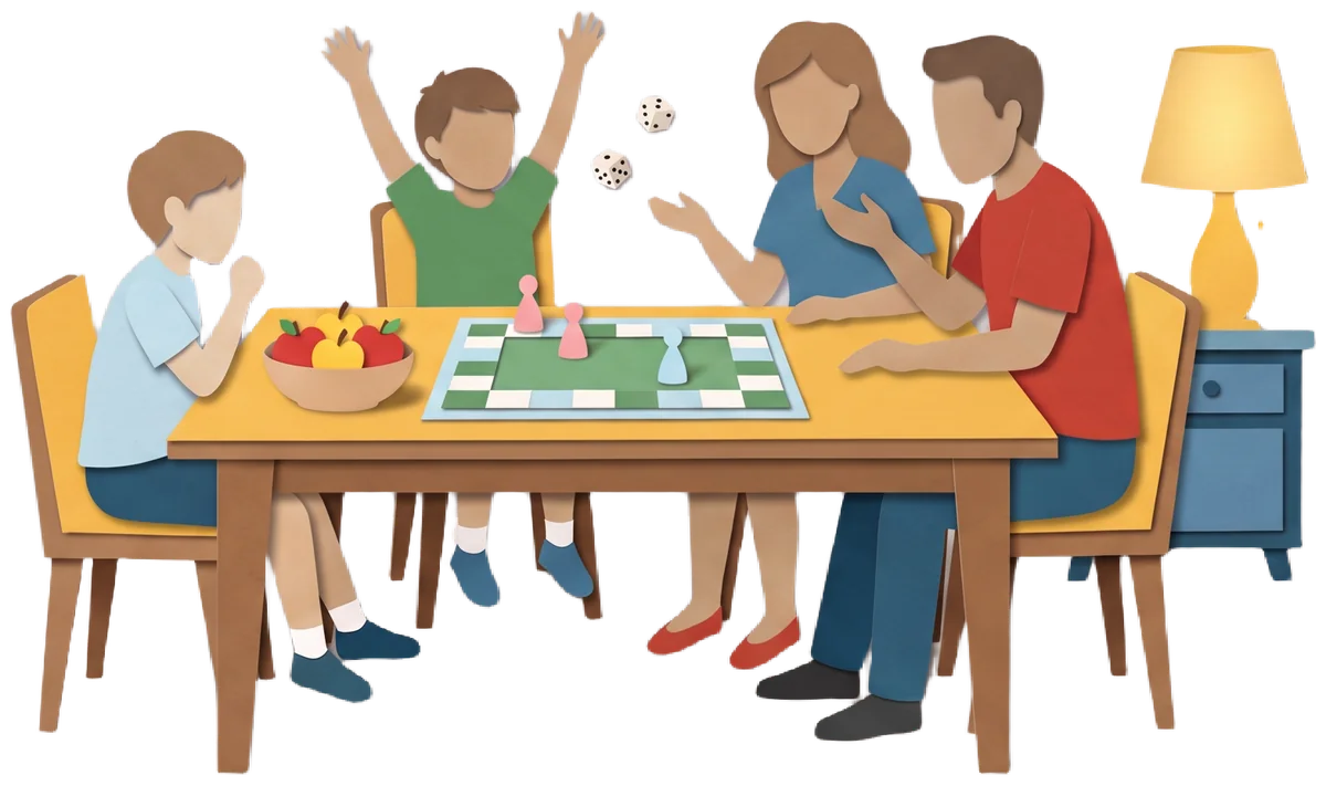 Een gezin speelt aan tafel een bordspel; een kind gooit juichend de dobbelstenen. Er is geen telefoon in beeld.