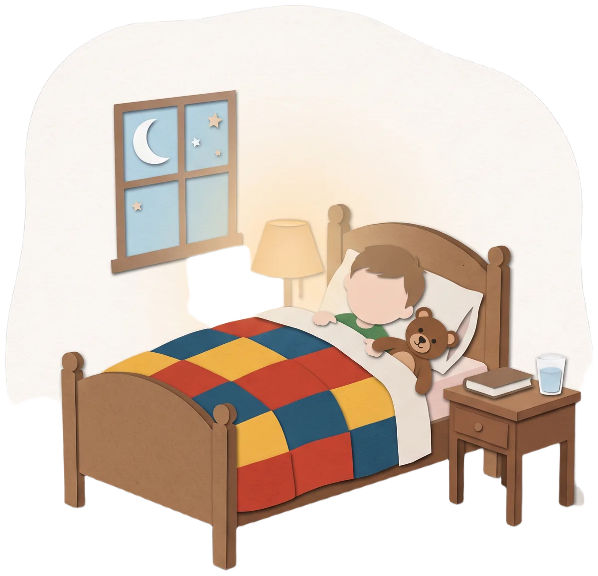 Een kind slaapt rustig in bed met een knuffelbeer; door het raam zijn de maan en sterren te zien. Er ligt geen telefoon op de slaapkamer.