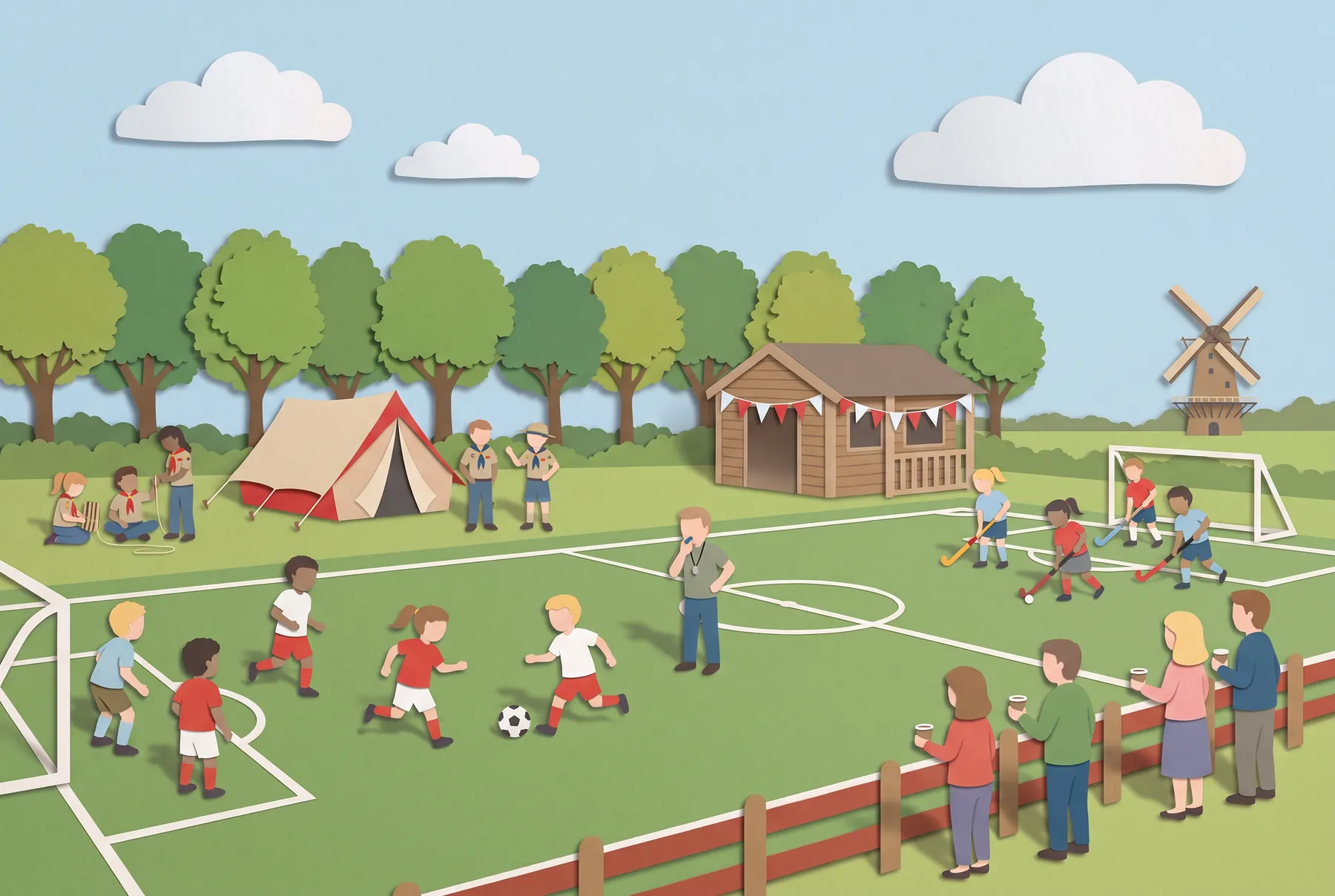 Een zaterdagochtend op een sportpark: kinderen voetballen en hockeyen, een trainer fluit, ouders kijken langs de lijn en een scoutinggroep zet een tent op.